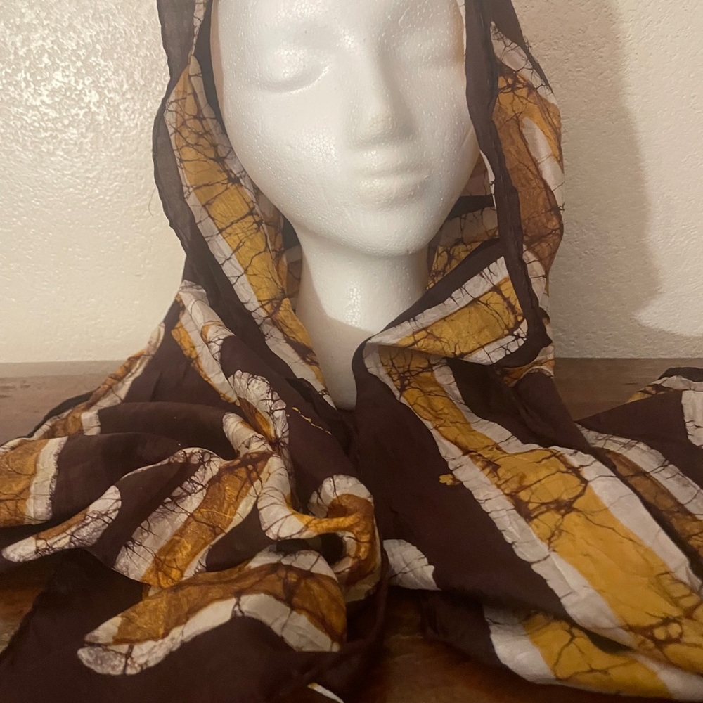 Handprint Made in India Batik Scarf – Brown & Mustard – 68” x 15.5” - Picture 3 of 12